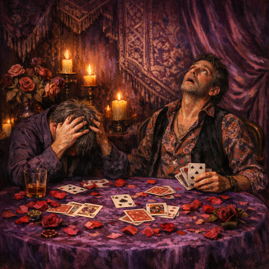 Two defeated opponents slumped at a card table, heads in hands, cards scattered on purple velvet among rose petals